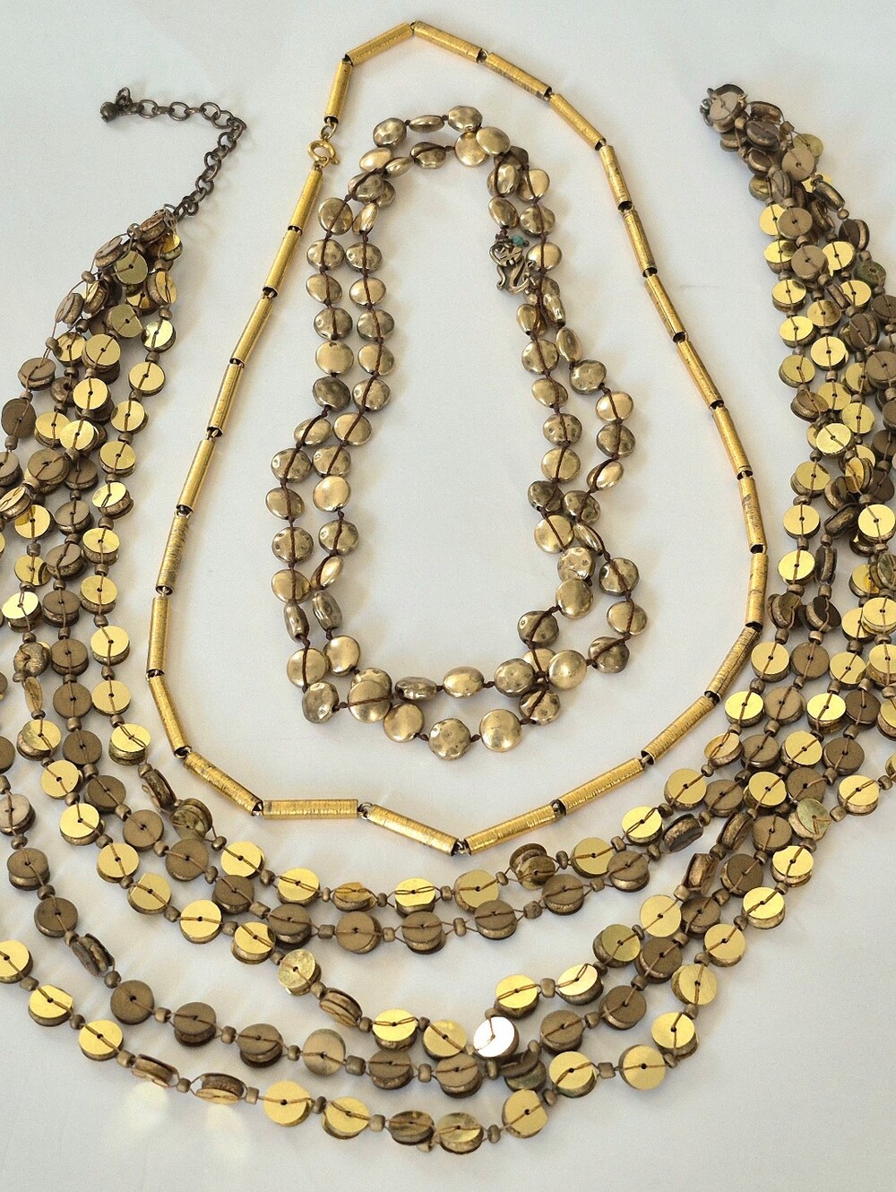 3-Piece Gold Necklace Trio: Layered Disc, Chevron Bar & Bead Chains